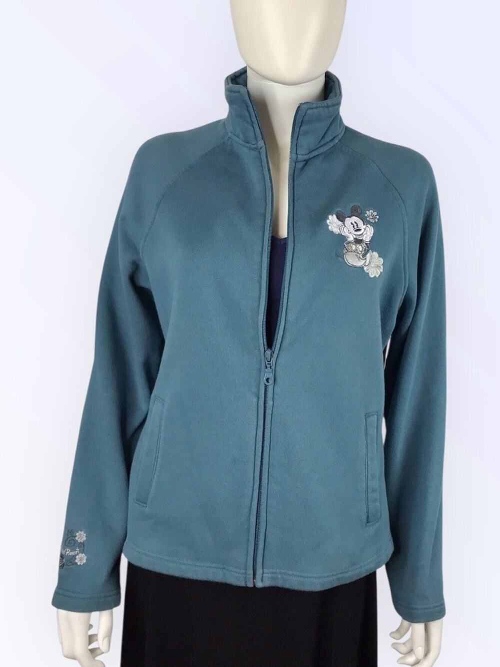 Vintage Disney Mickey Mouse Teal Full-Zip Sweat Jacket Embroidered Flowers